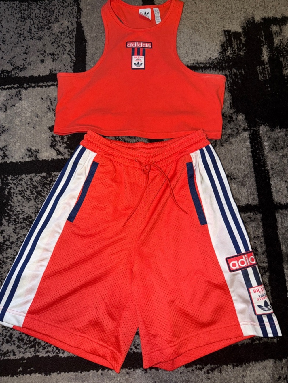 adidas Red Crop Tank and Athletic Shorts Set with Blue & White Stripes